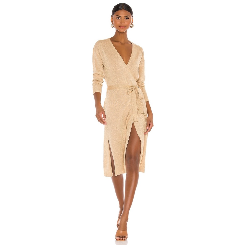 NWT Lovers and Friends Azita Wrap Dress Gold Metallic Lightweight Knit Midi M